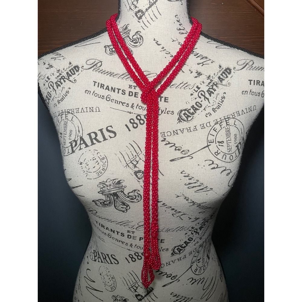 Vintage Bright Pink Seed Bead‎ Lariat Necklace Long Strand Rope Tassel Boho
